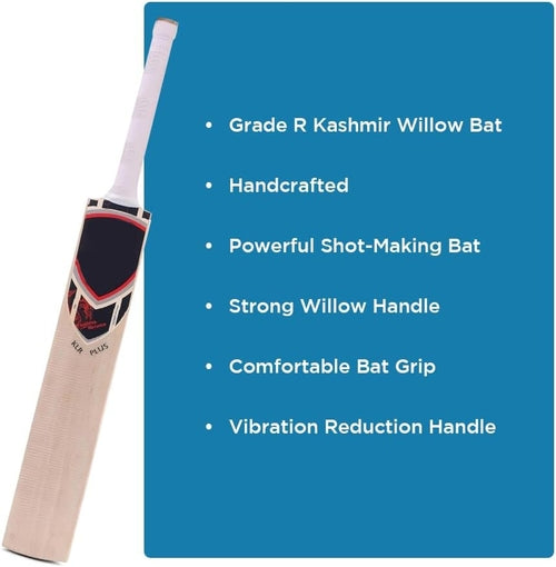 KLR Plus Kashmir Willow Cricket Bat, Handcrafted Grade R Willow with